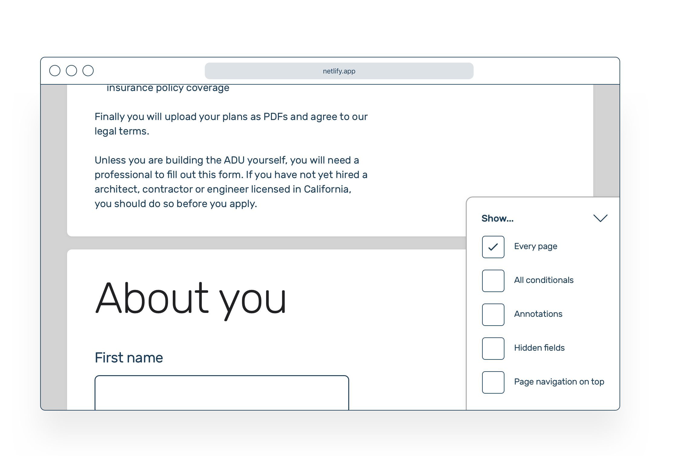 A browser window with all pages of the form visible. An admin panel overlay in the lower right has a setting checked called Show All Pages.