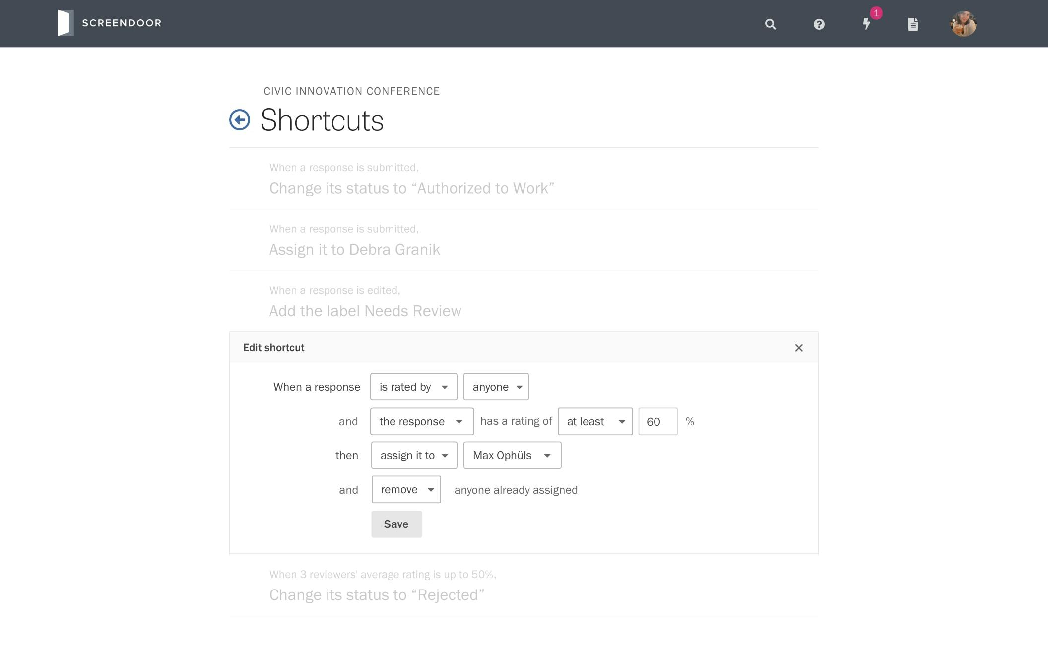 Screenshots of Screendoor's shortcut editor and activity feed.