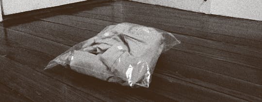 A blood-stained shirt enclosed in a Ziploc bag on a wood floor.