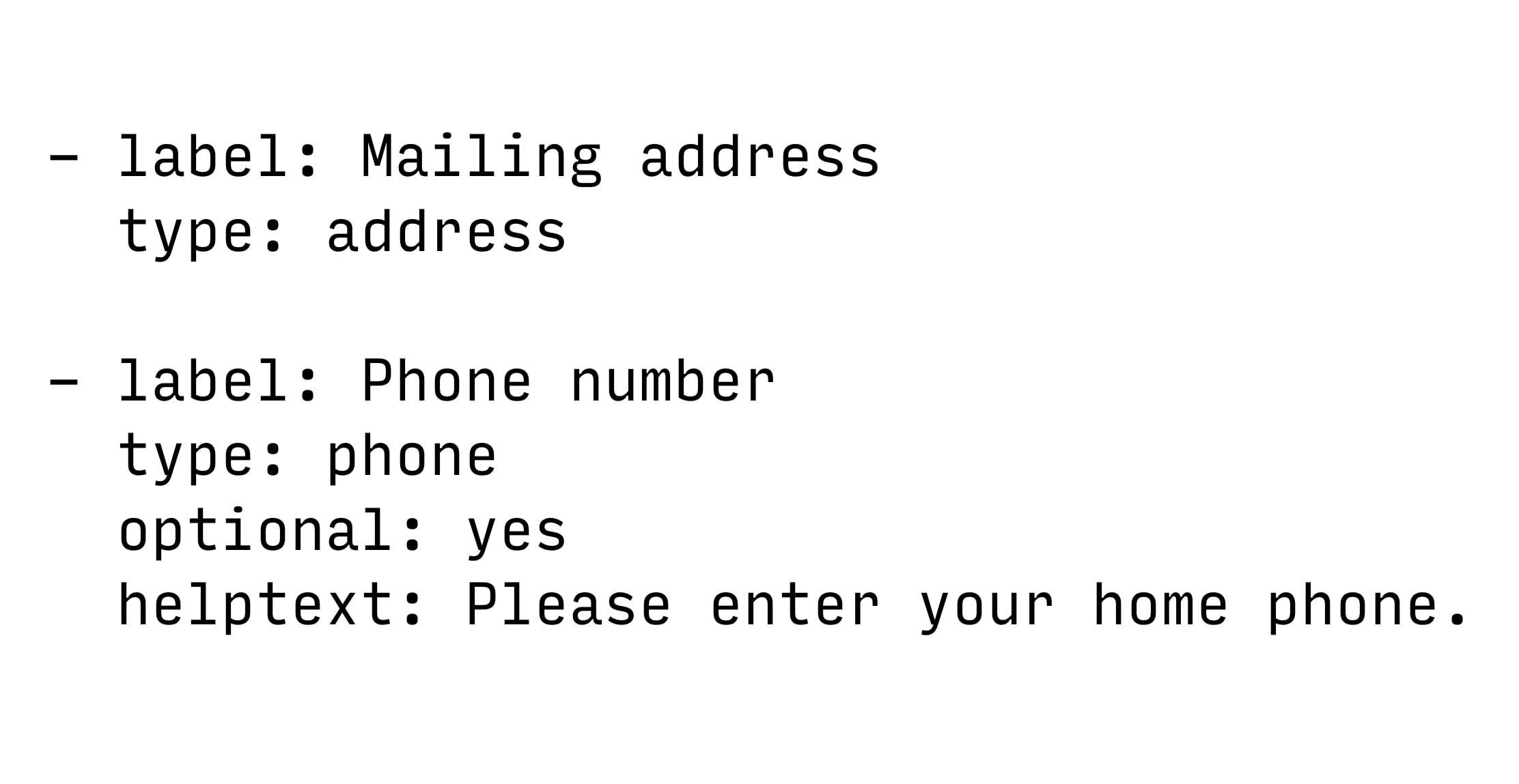 An address field and phone field in YAML.