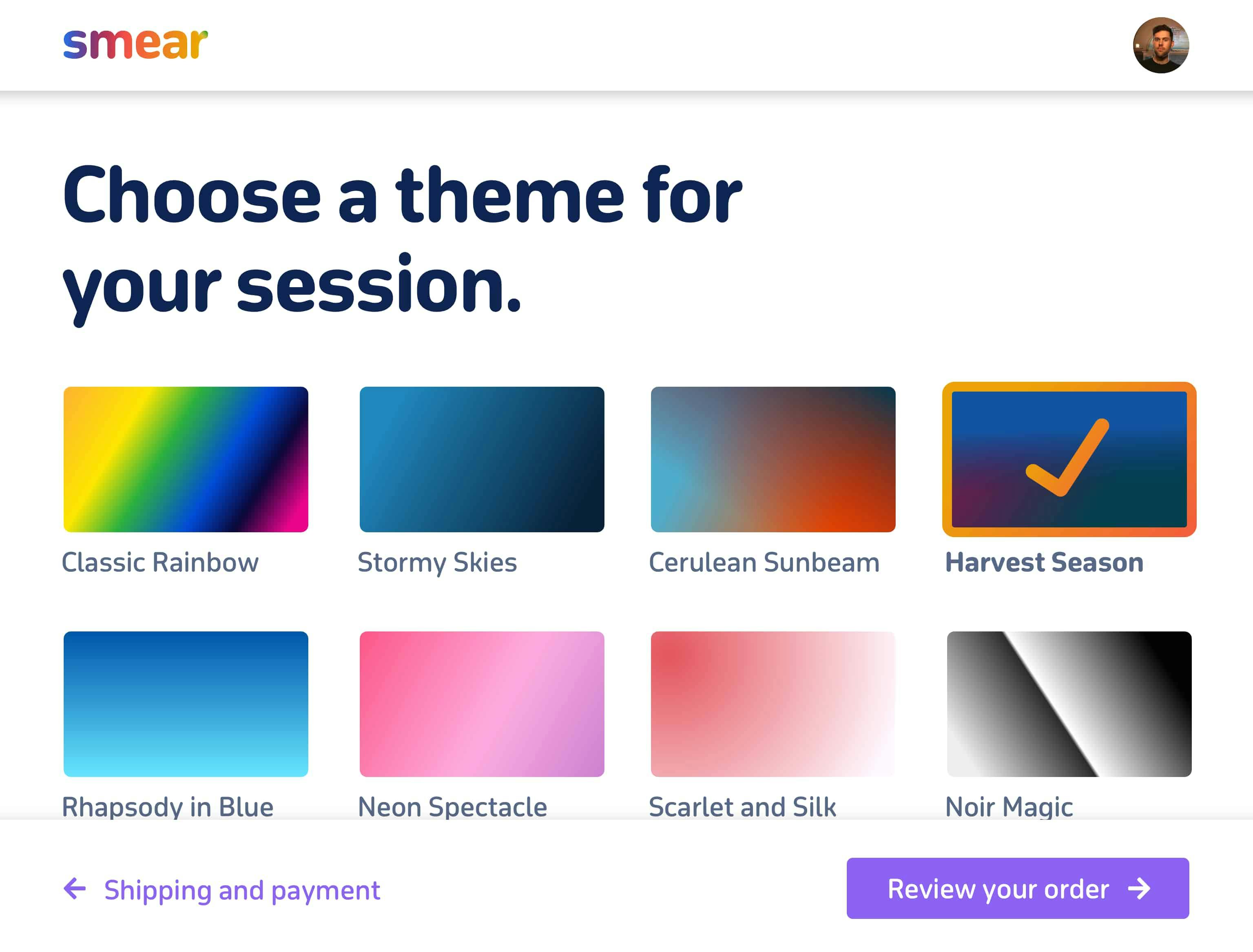 A webpage mockup for choosing a color palette for your Smear session, using gradients instead of photos of paint colors.