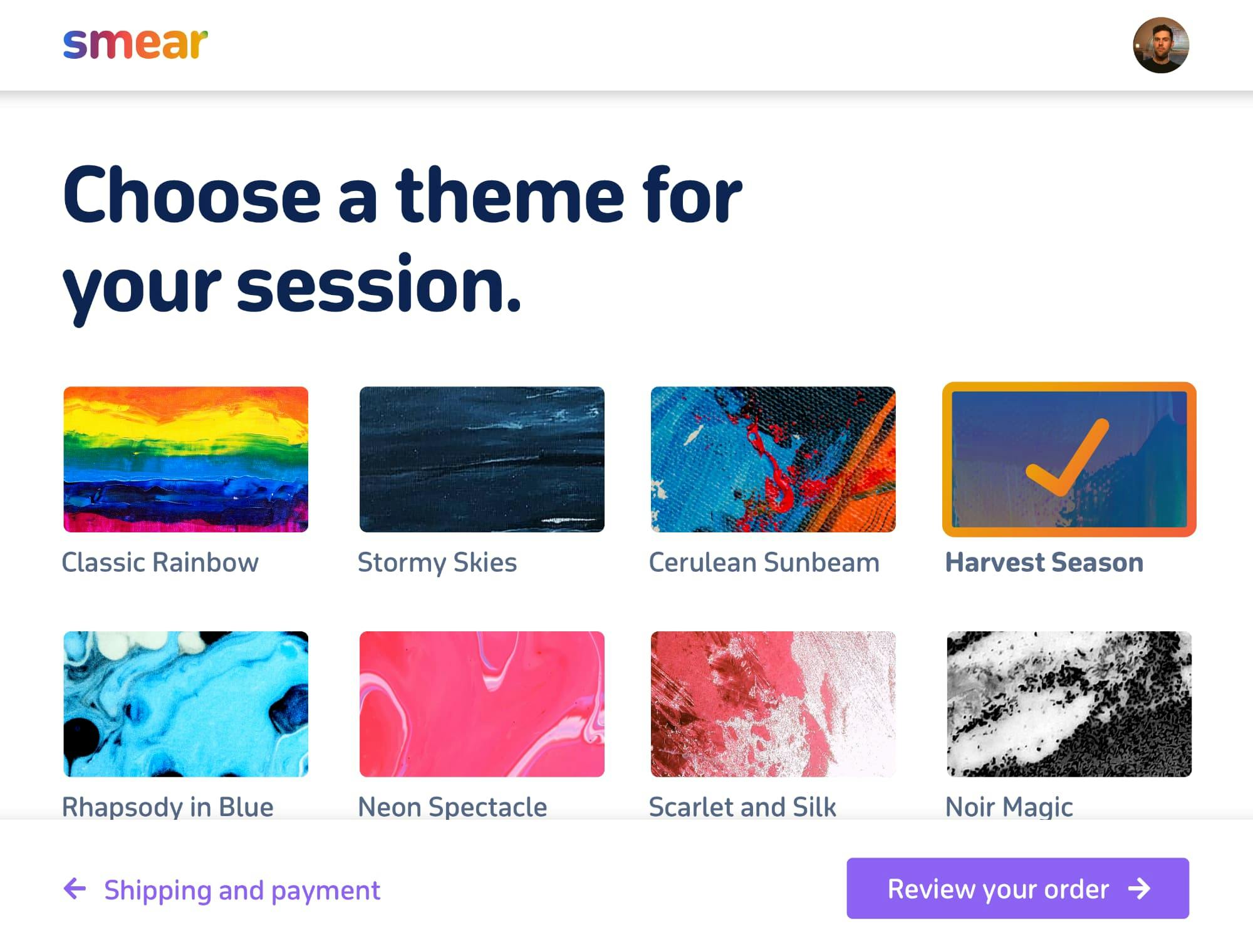 A webpage mockup for choosing a color palette for your Smear session.